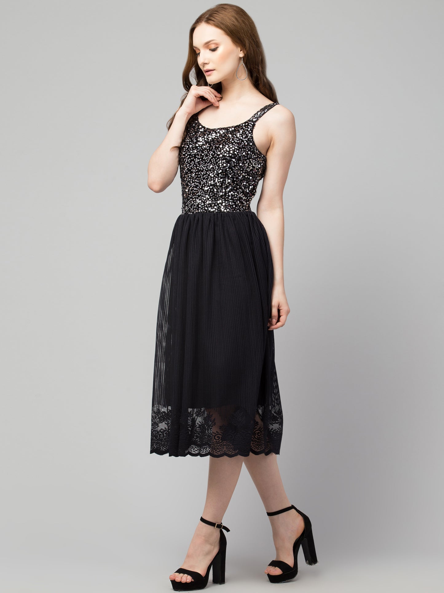 Silver Fit and Flare Sequins Party Wear Dress