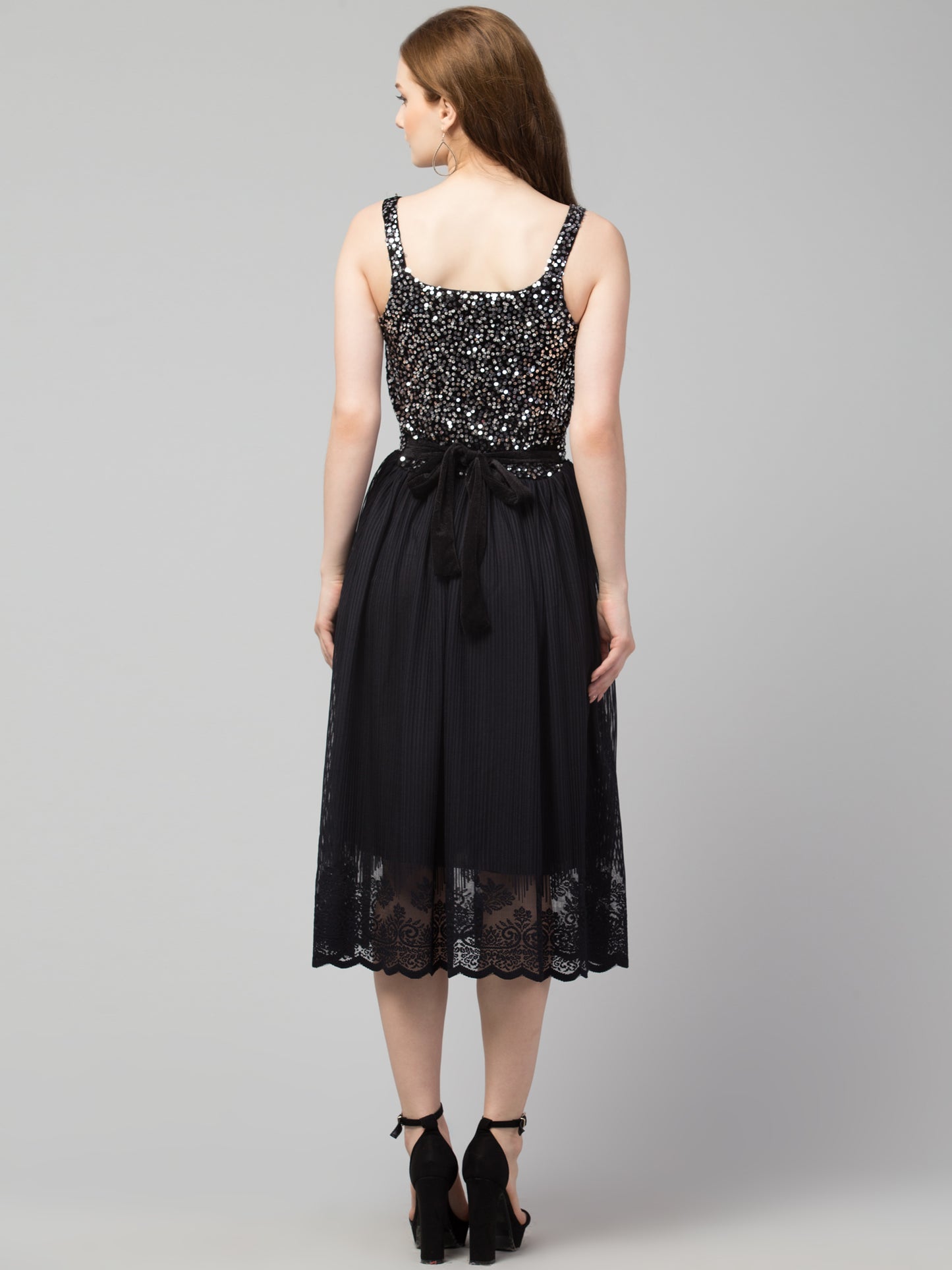 Silver Fit and Flare Sequins Party Wear Dress