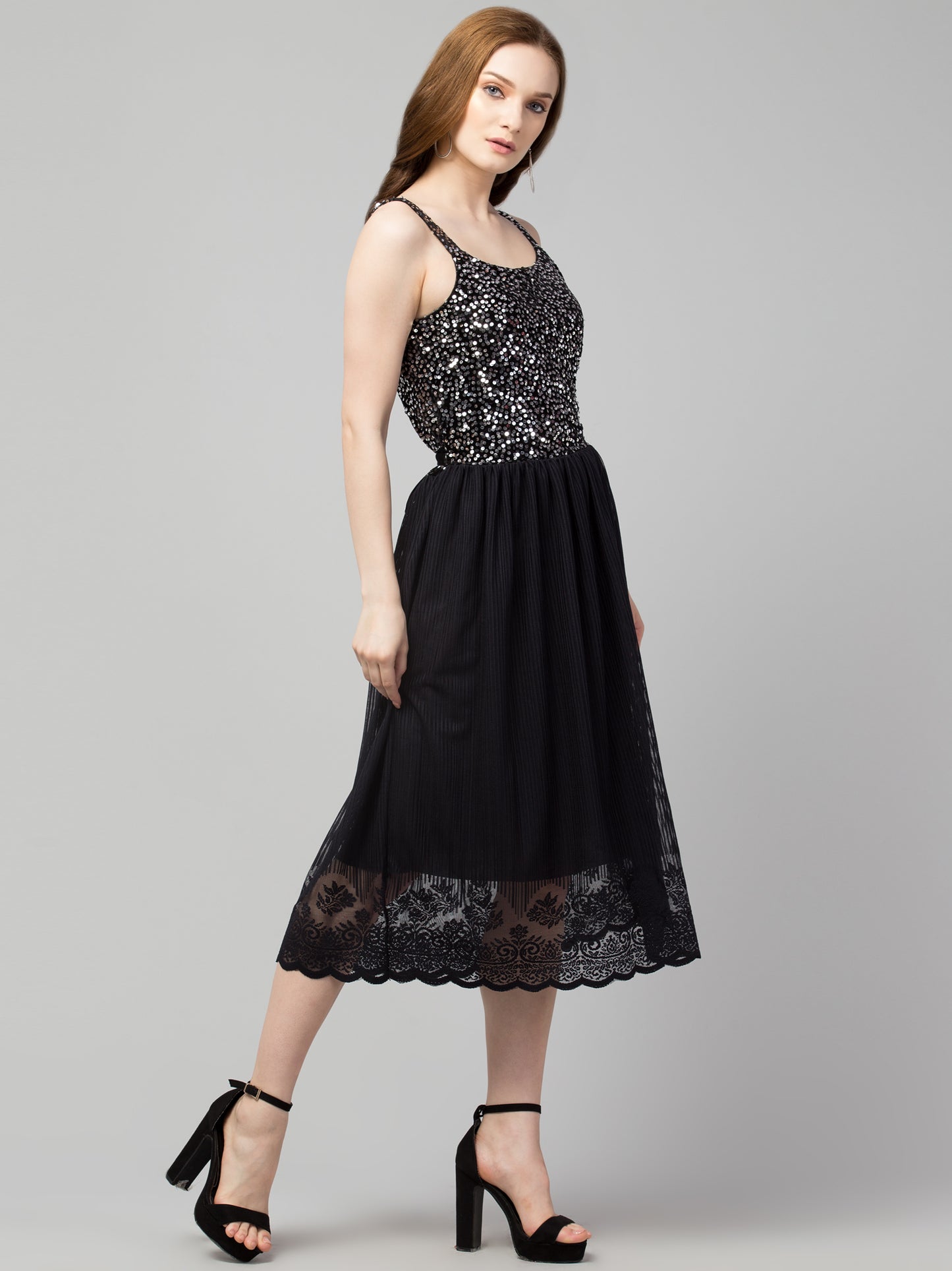 Silver Fit and Flare Sequins Party Wear Dress