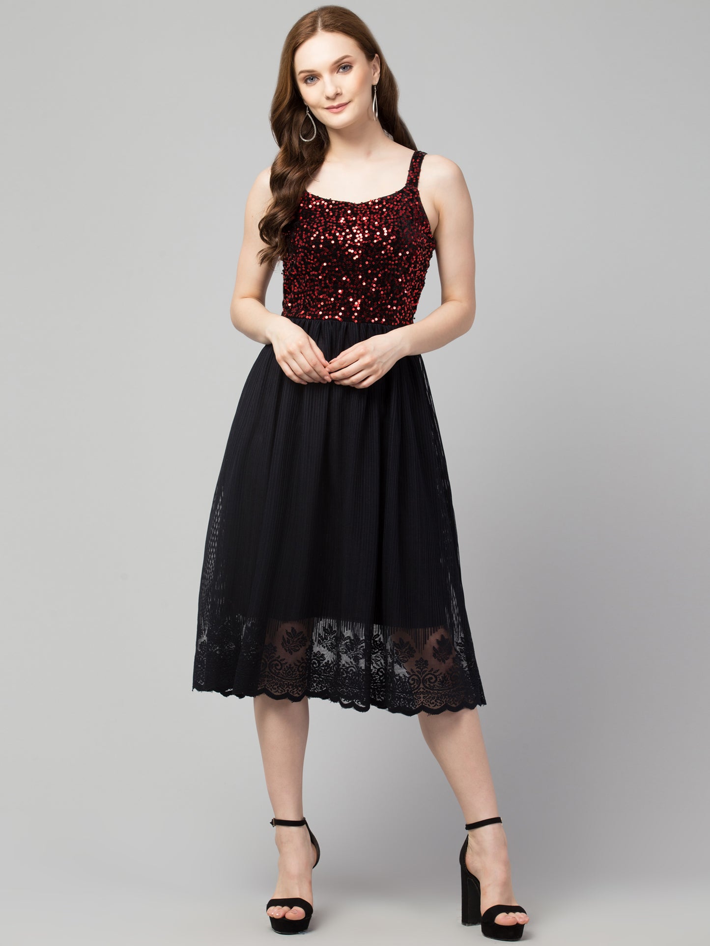 Maroon Fit and Flare Sequins Party Wear Dress