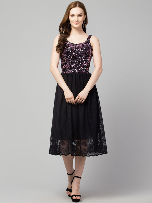 Purple Fit and Flare Sequins Party Wear Dress