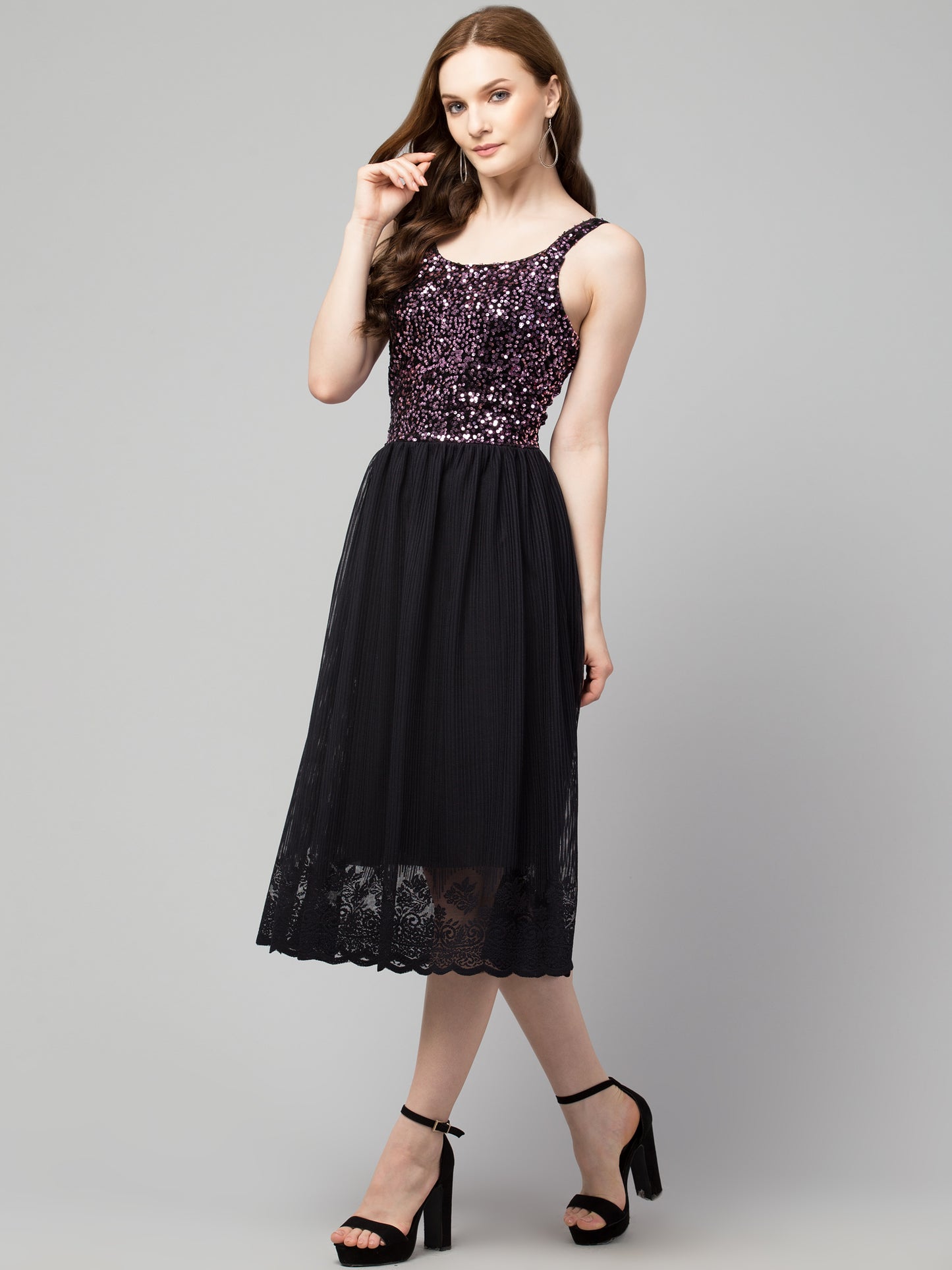 Purple Fit and Flare Sequins Party Wear Dress