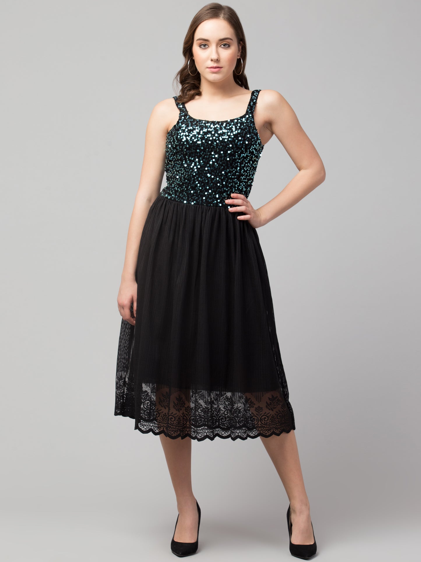 Blue Fit and Flare Sequins Party Wear Dress