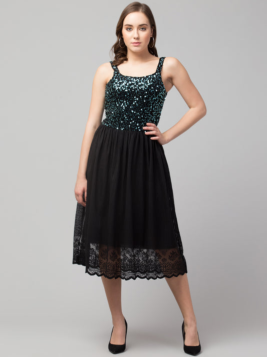 Blue Fit and Flare Sequins Party Wear Dress