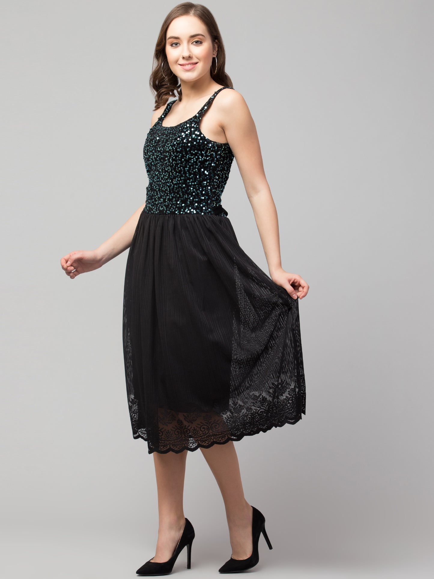 Blue Fit and Flare Sequins Party Wear Dress