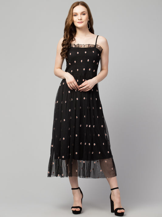 Black Fit and Flare Embellished Net Dress