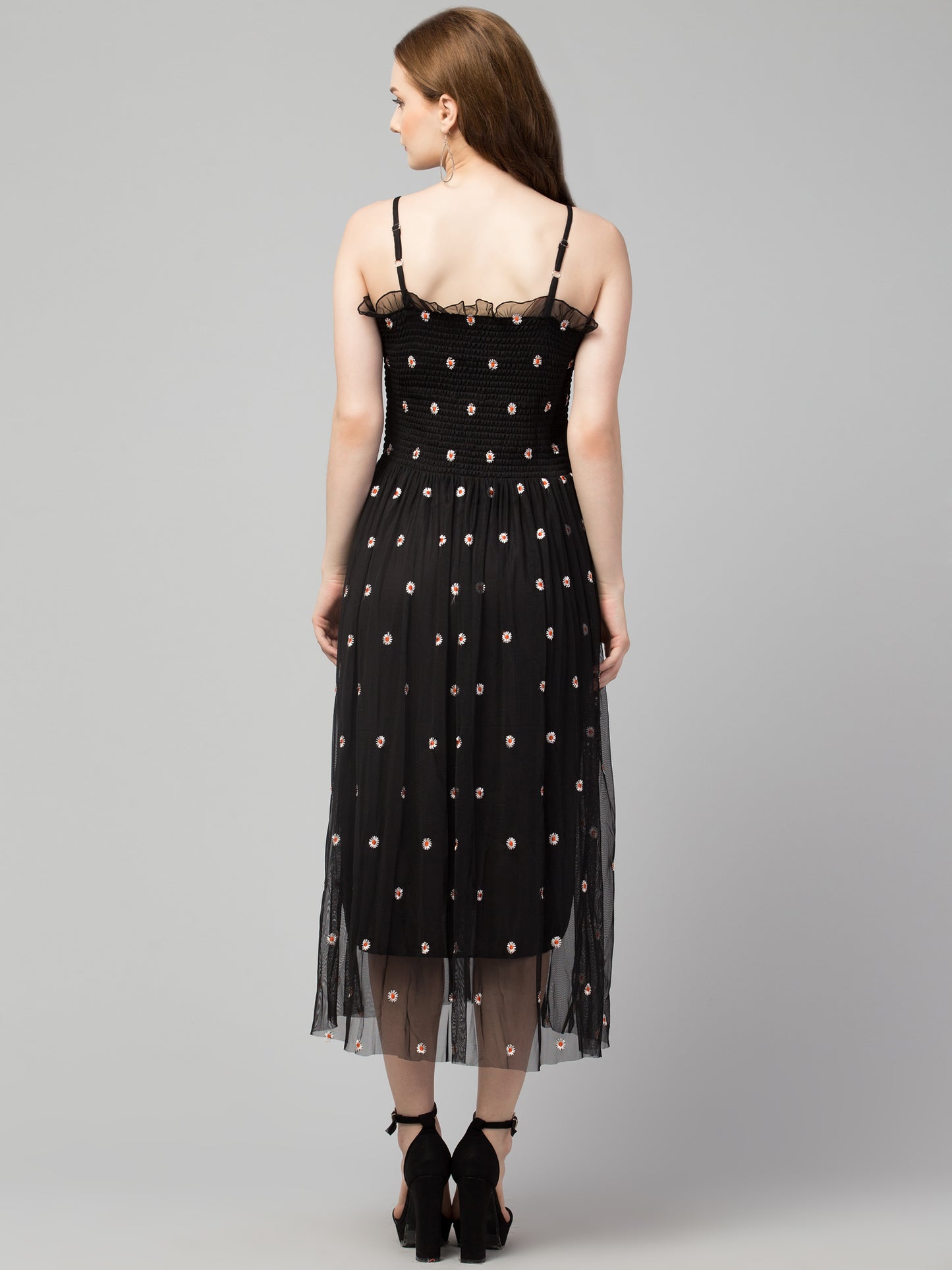 Black Fit and Flare Embellished Net Dress