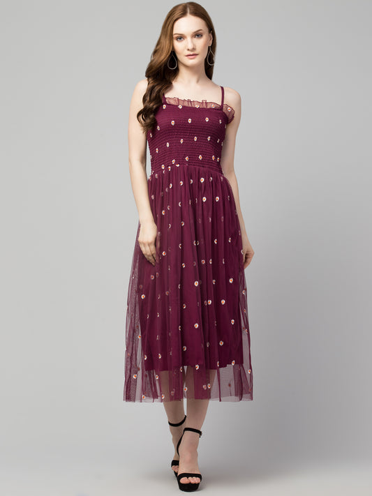 Wine Fit and Flare Embellished Net Dress