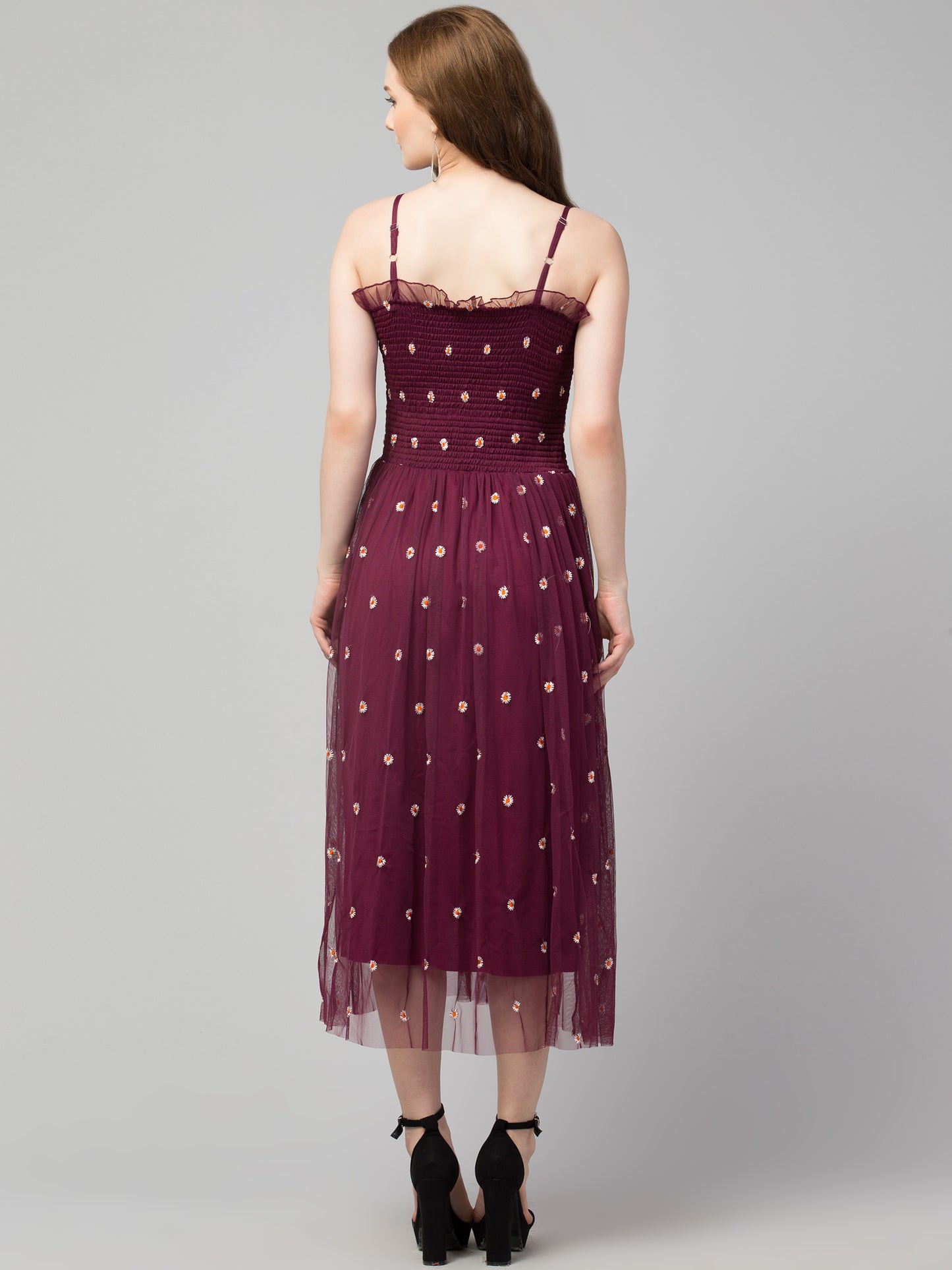 Wine Fit and Flare Embellished Net Dress