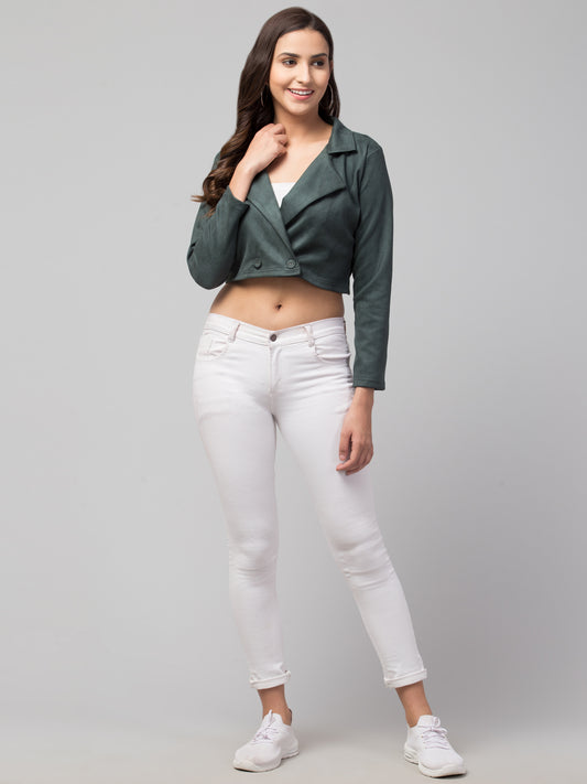 Green Color Suede Fabric Girls Short Blazer