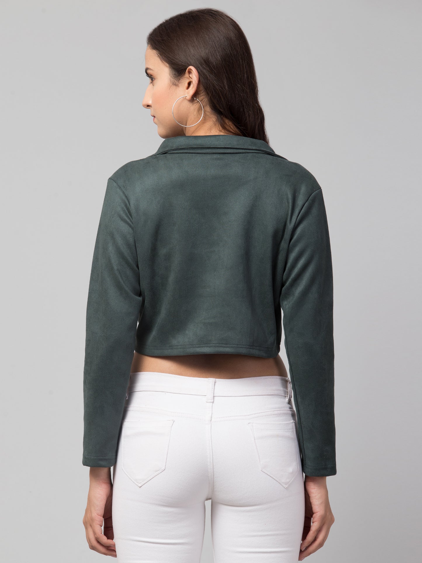 Green Color Suede Fabric Girls Short Blazer
