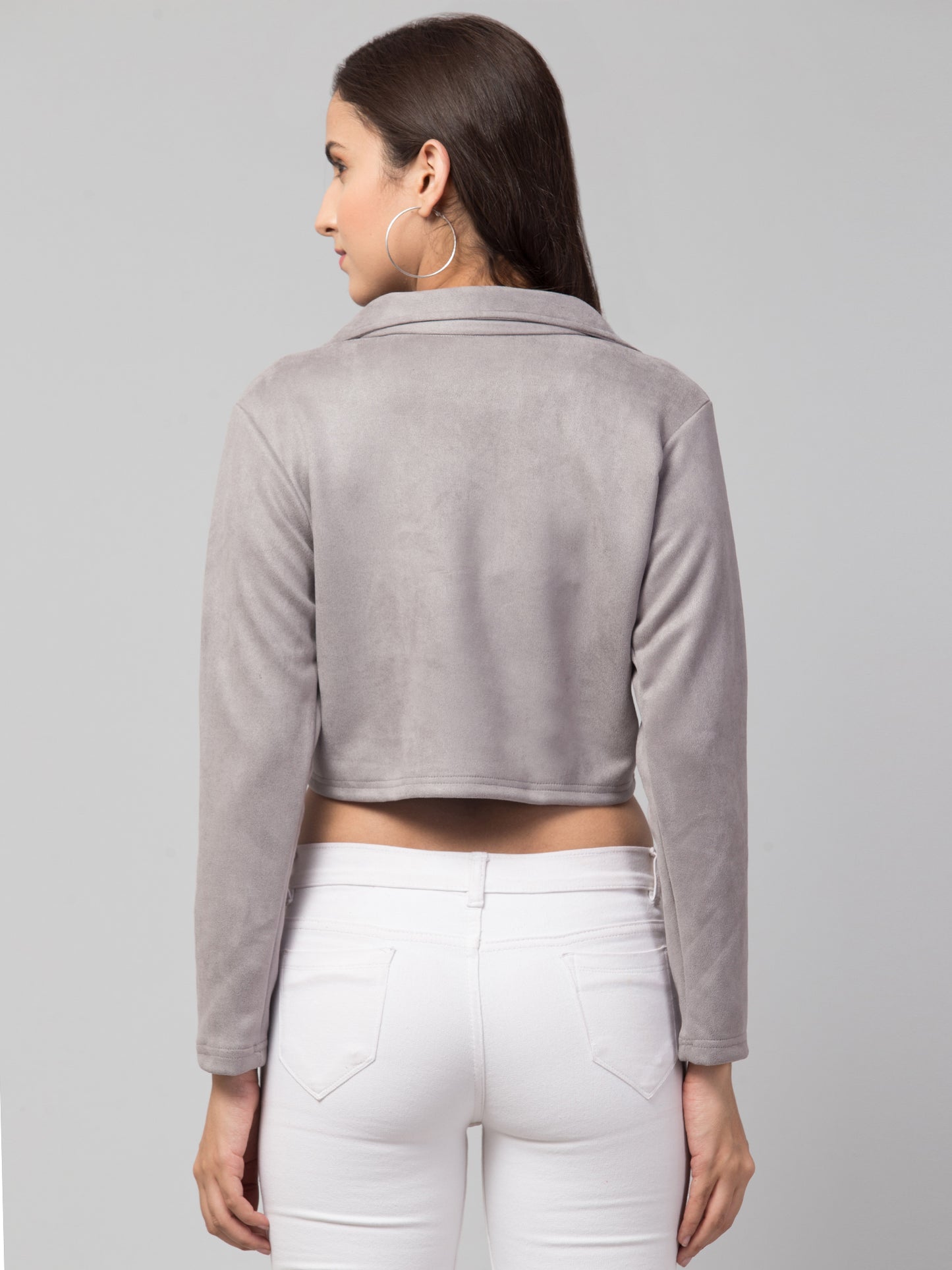 Grey Color Suede Fabric Girls Short Blazer
