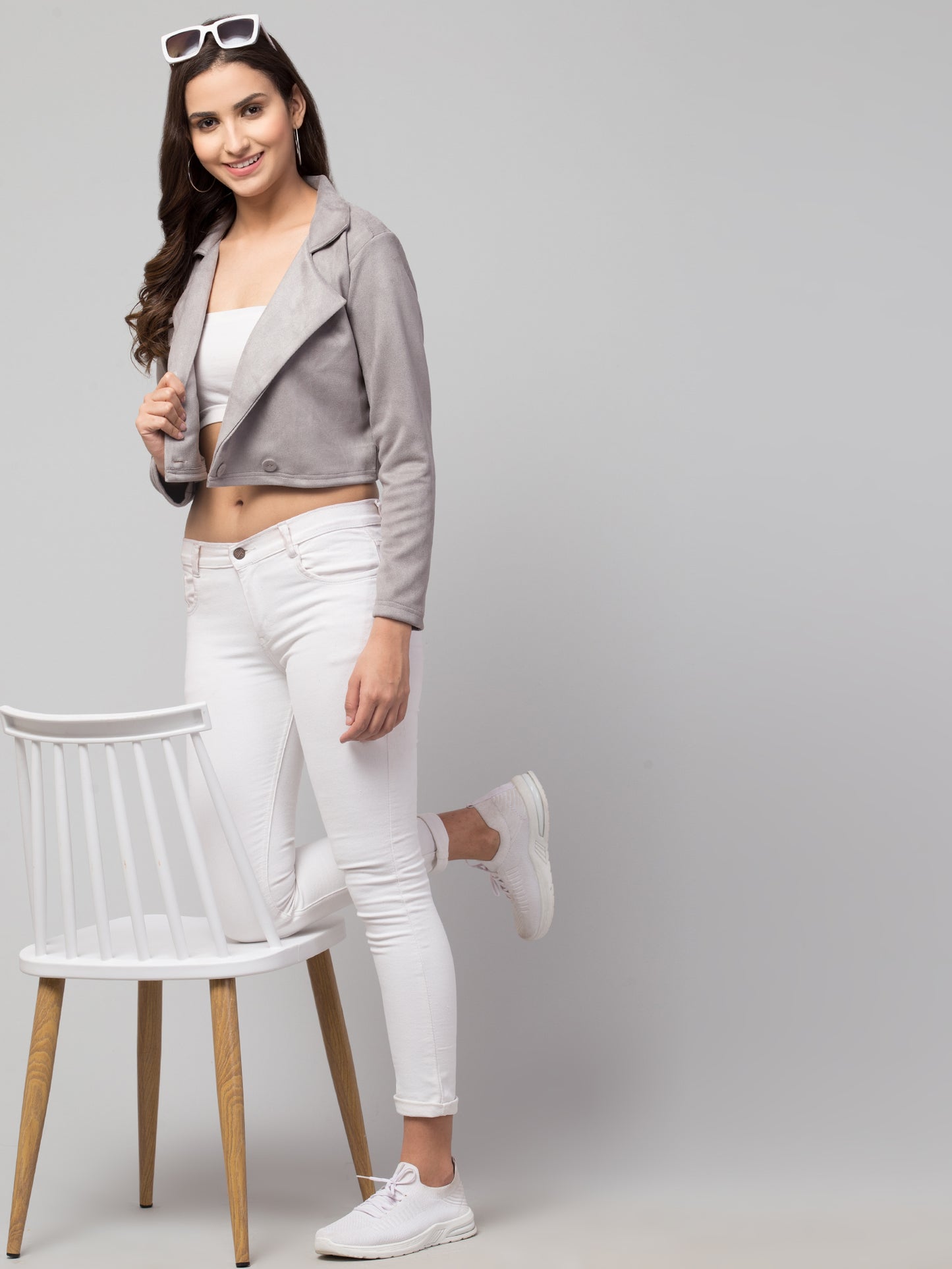 Grey Color Suede Fabric Girls Short Blazer