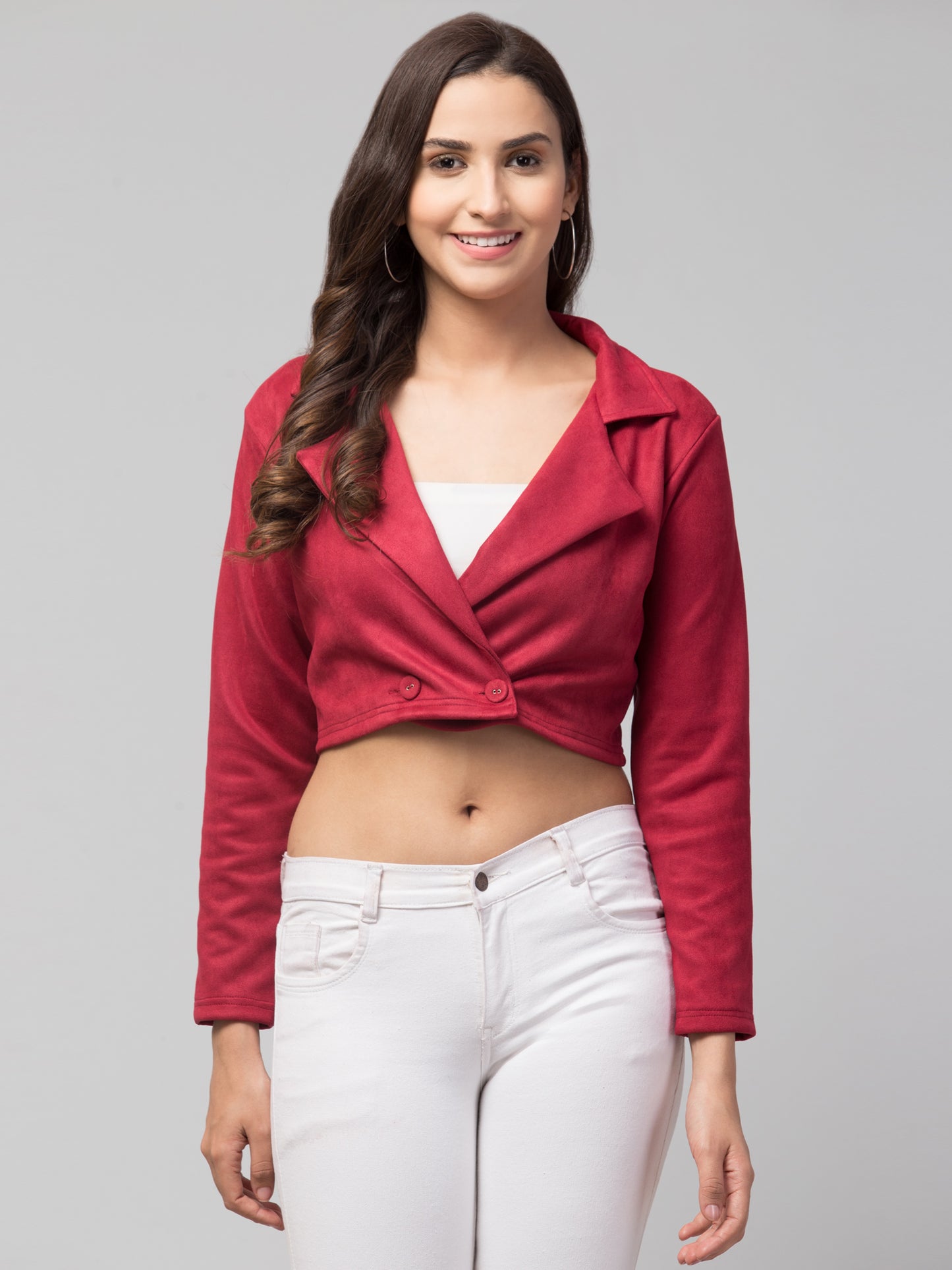 Red Color Suede Fabric Girls Short Blazer