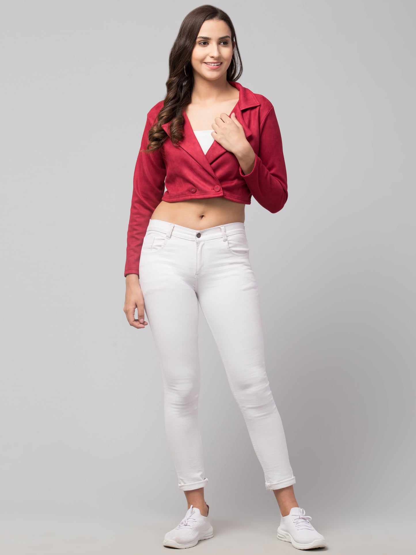 Red Color Suede Fabric Girls Short Blazer