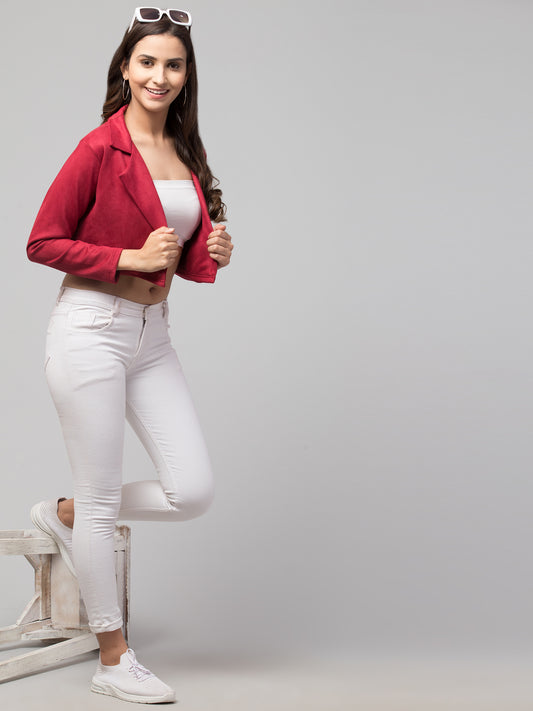 Red Color Suede Fabric Girls Short Blazer