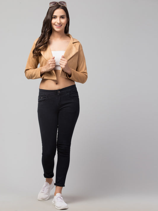 Brown Color Suede Fabric Girls Short Blazer