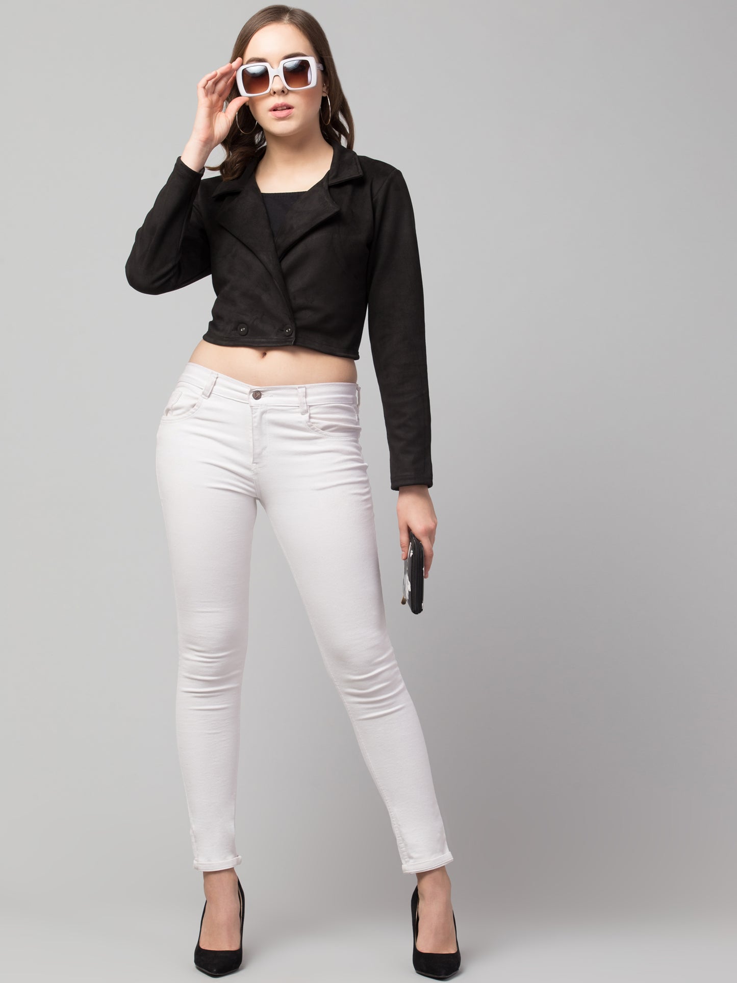 Black Color Suede Fabric Girls Short Blazer