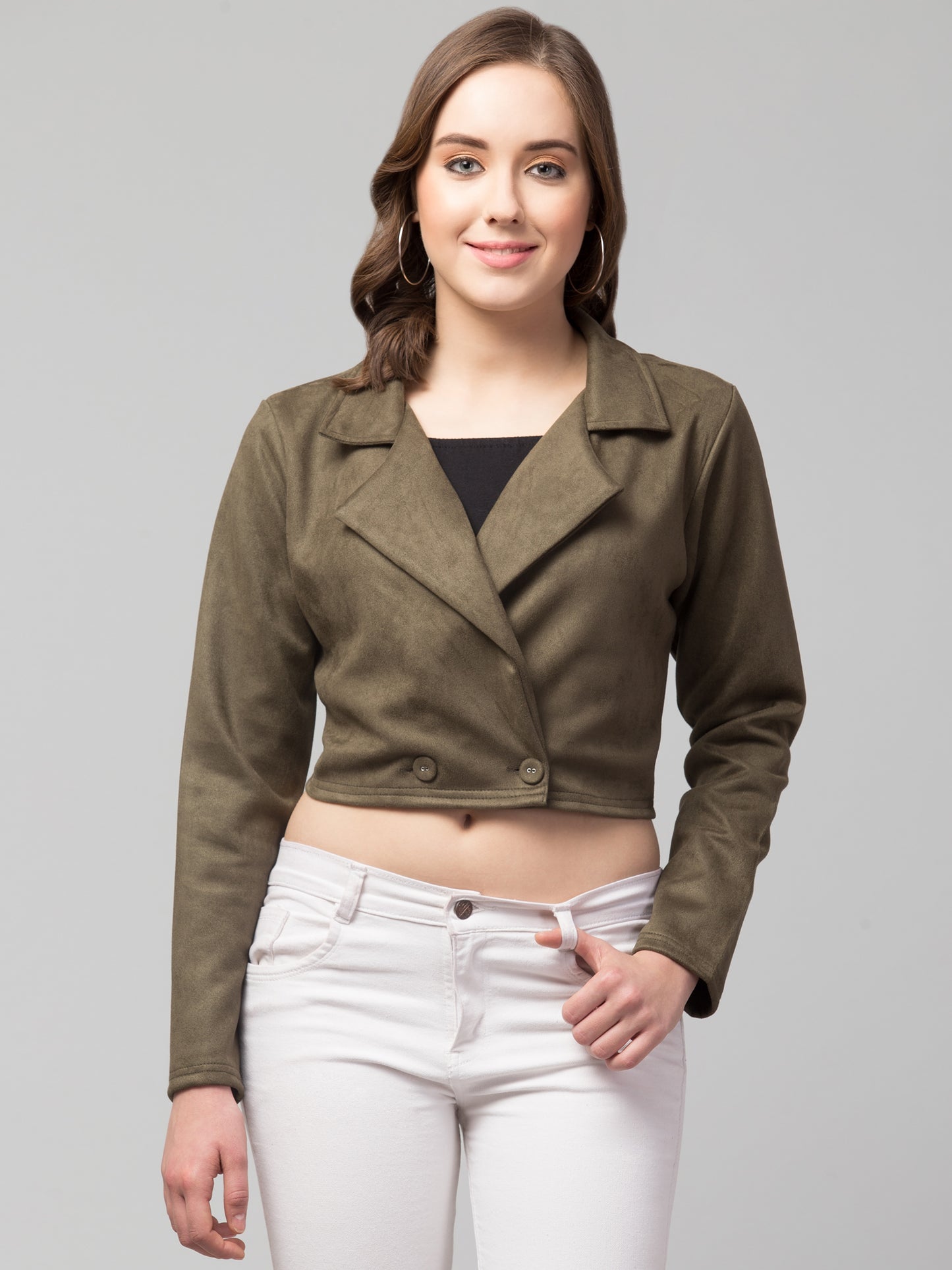 Mehandi Green Color Suede Fabric Girls Short Blazer