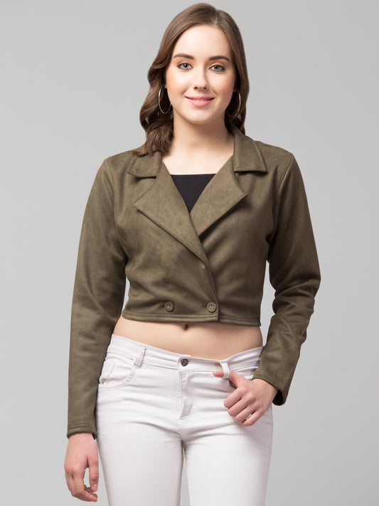 Mehandi Green Color Suede Fabric Girls Short Blazer