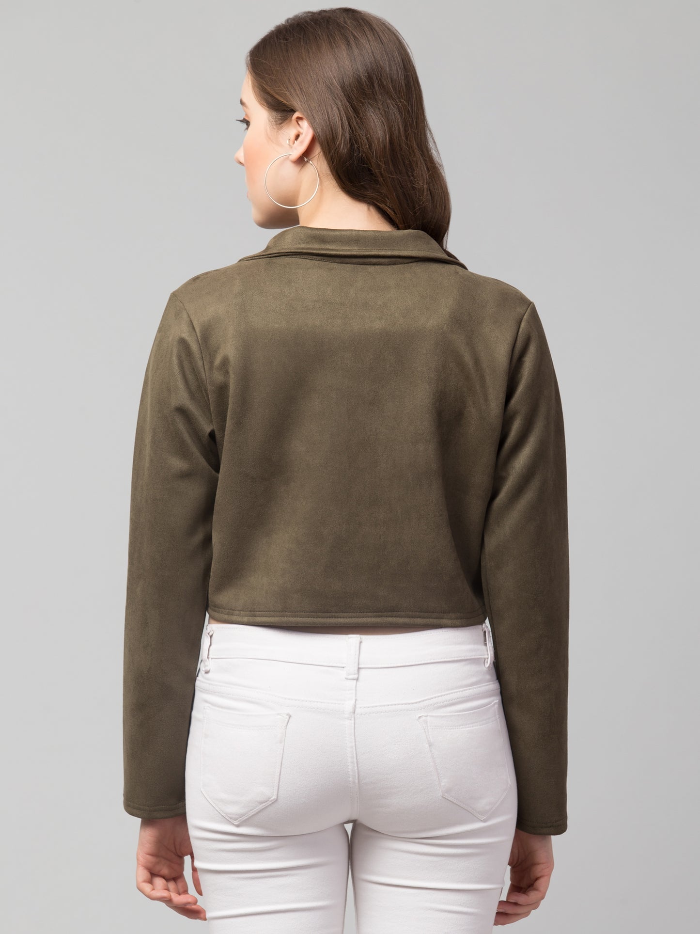 Mehandi Green Color Suede Fabric Girls Short Blazer