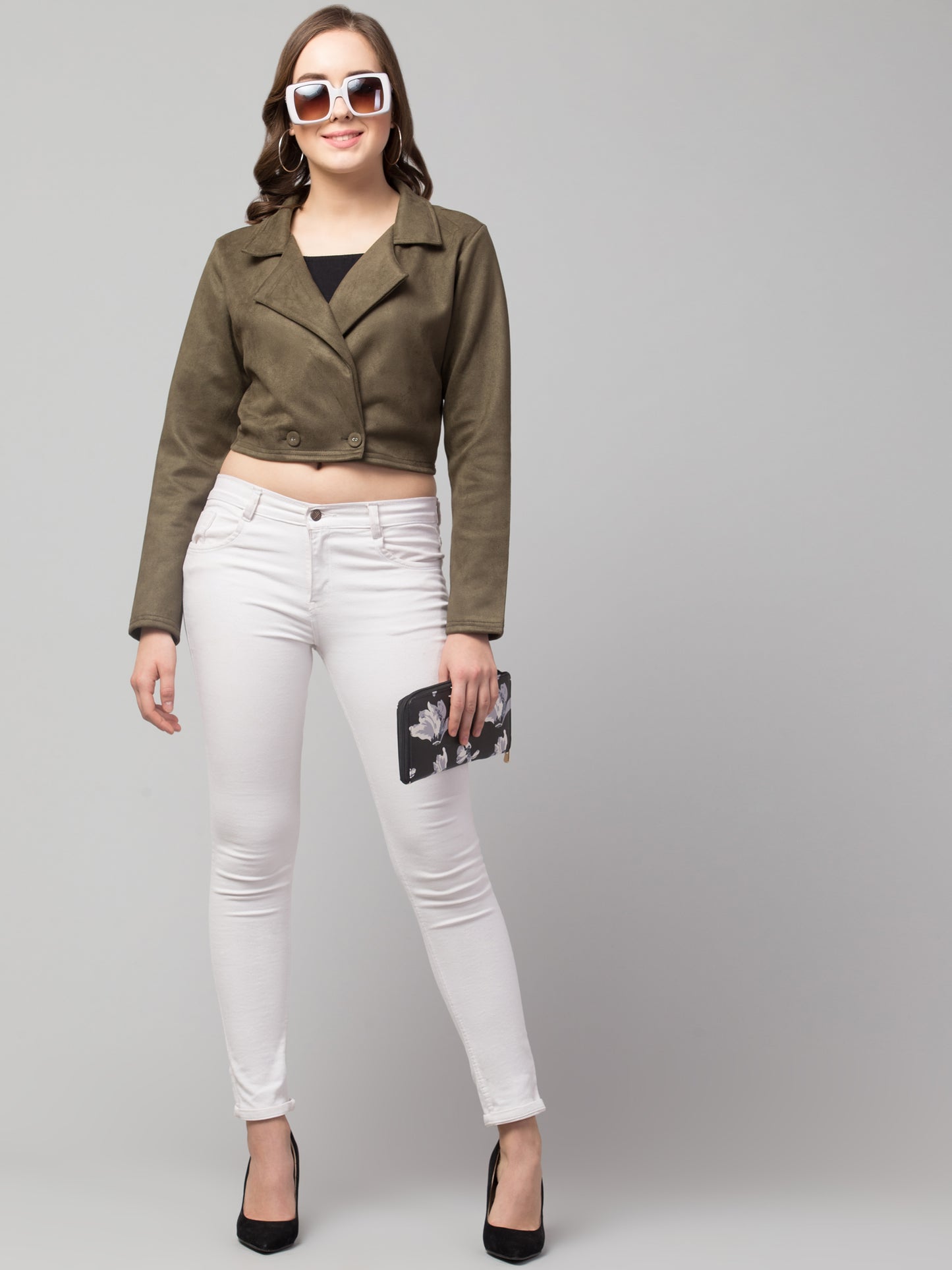 Mehandi Green Color Suede Fabric Girls Short Blazer