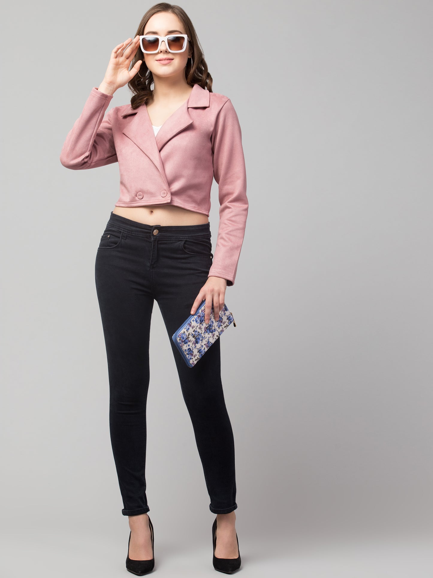 Pink Color Suede Fabric Girls Short Blazer