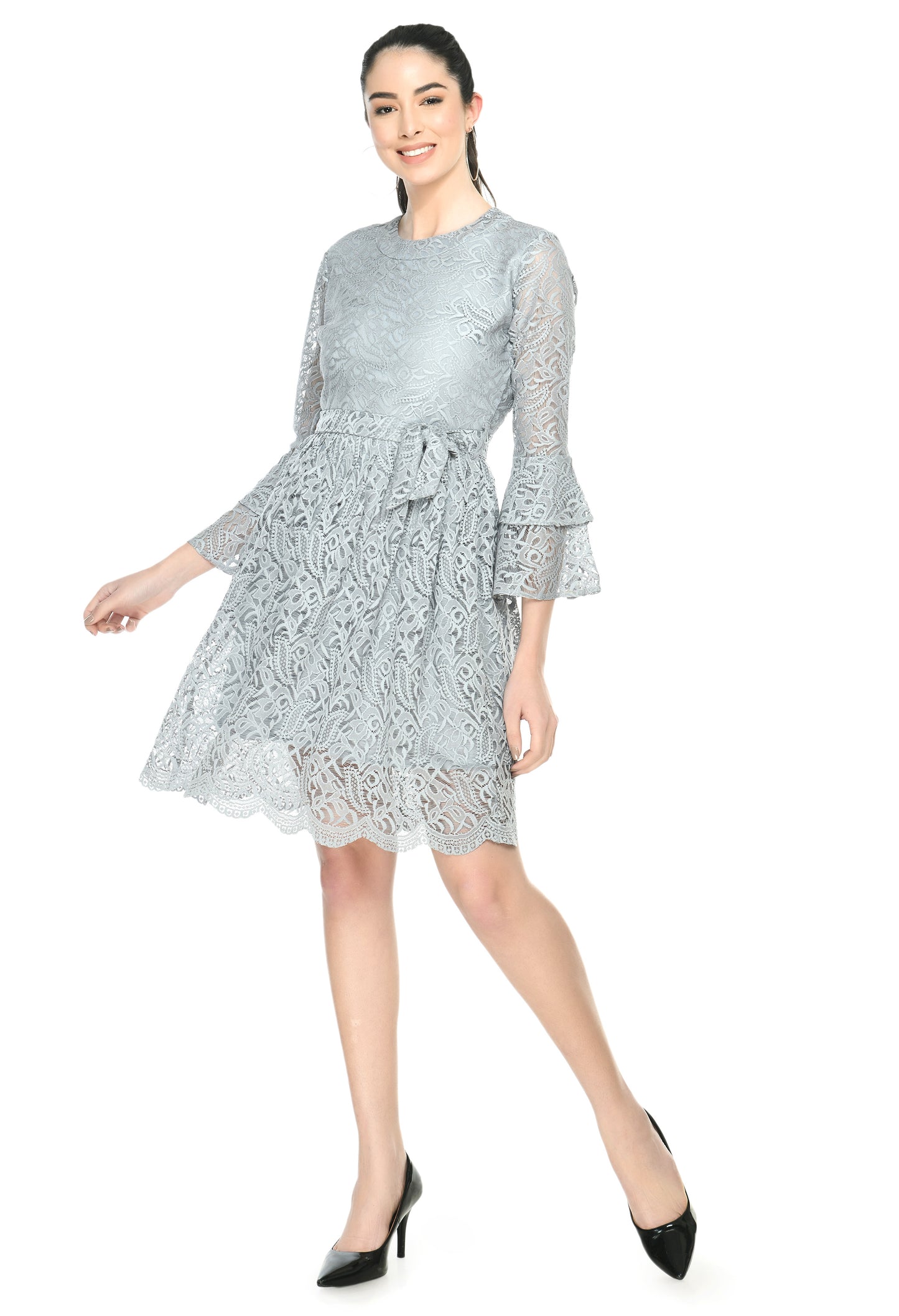 Grey Fit and Flare Lace Fabric Dress