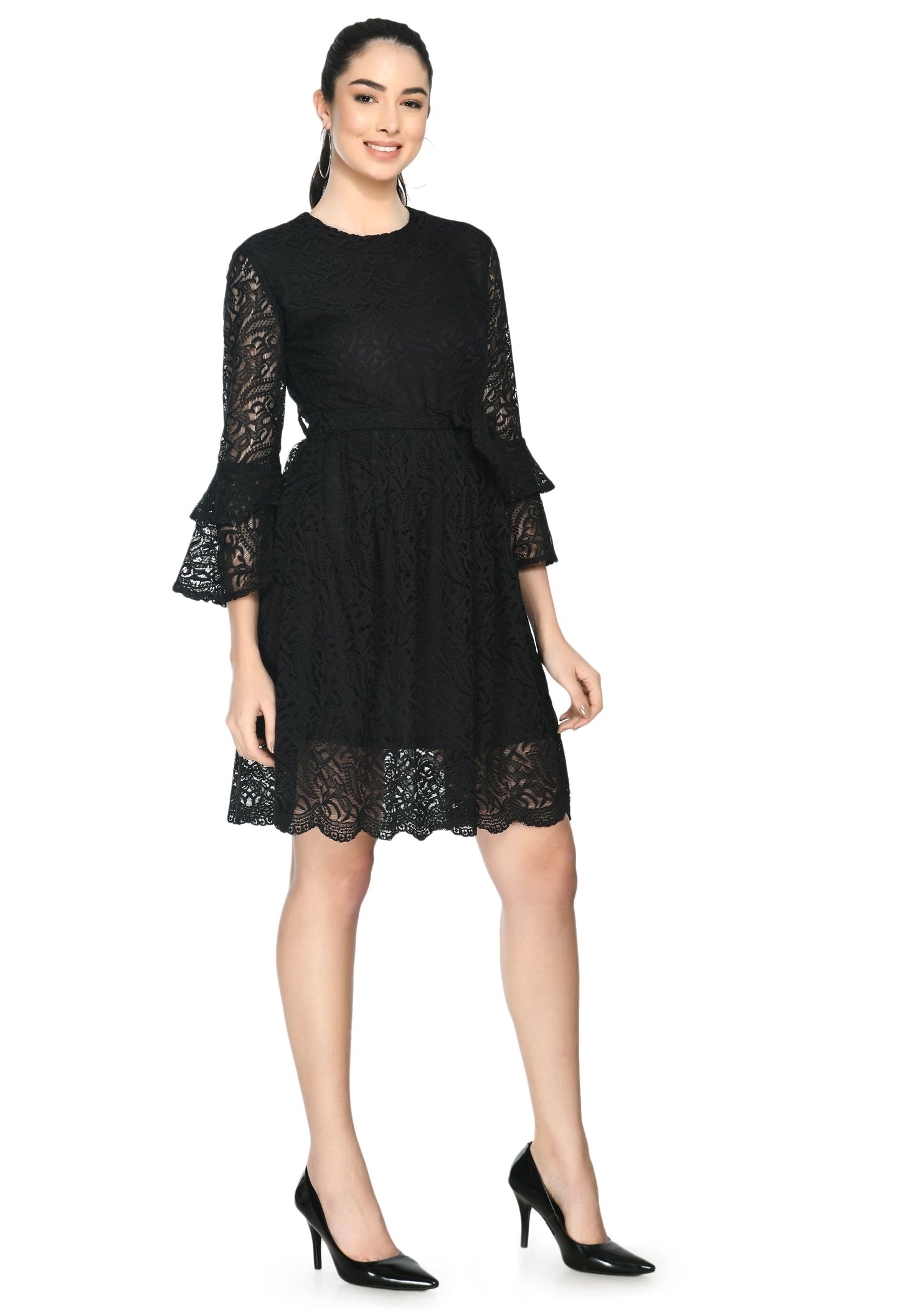 Black Fit and Flare Lace Fabric Dress