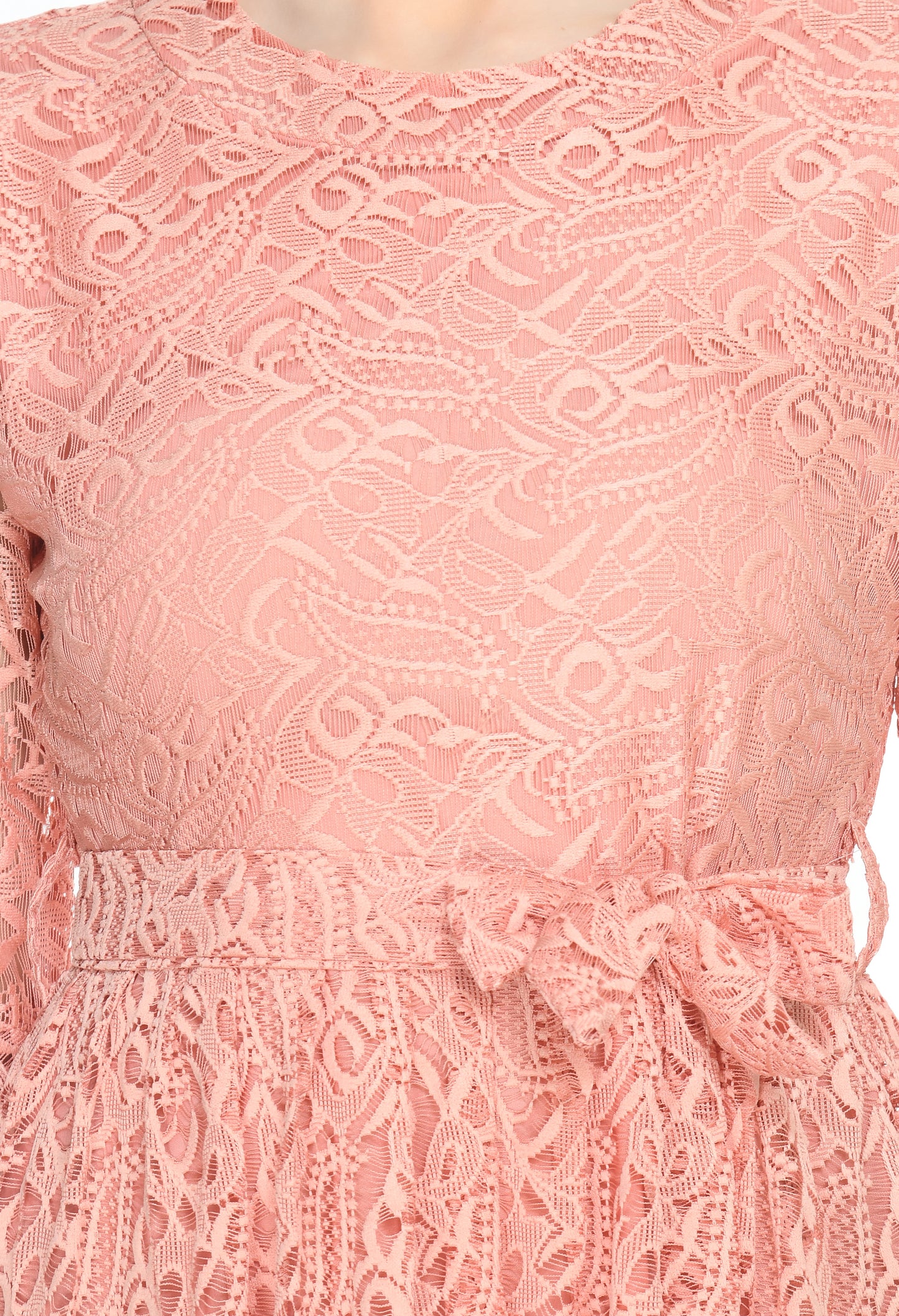 Peach Fit and Flare Lace Fabric Dress