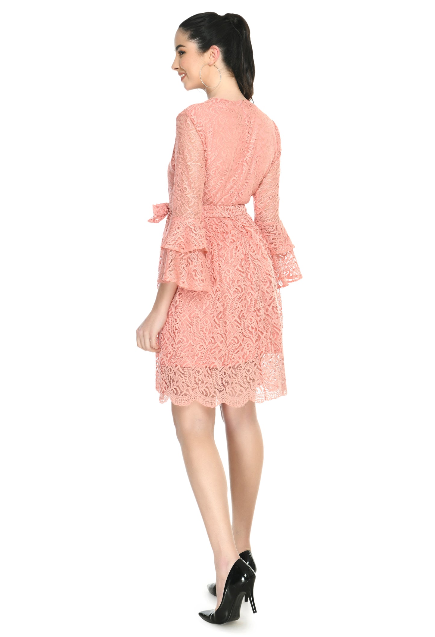 Peach Fit and Flare Lace Fabric Dress
