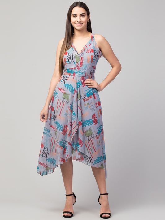 Grey Printed Georgette Asymmetric Dress With Lining
