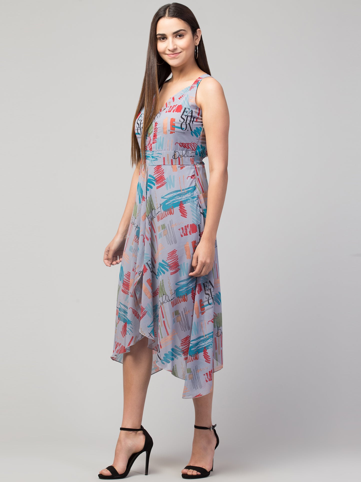 Grey Printed Georgette Asymmetric Dress With Lining