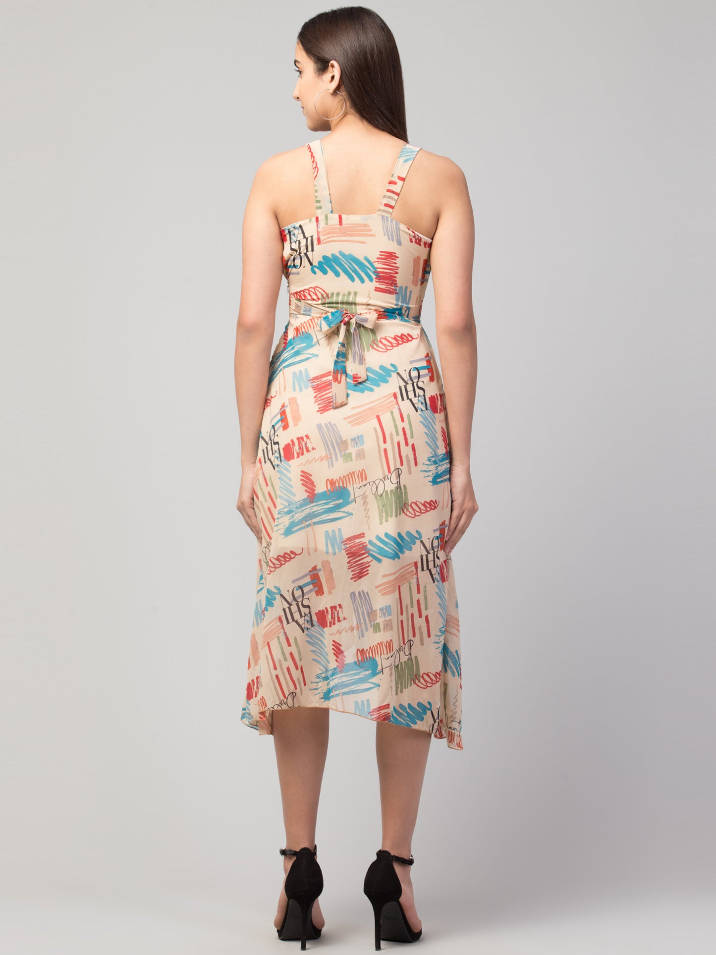 Beige Printed Georgette Asymmetric Dress With Lining