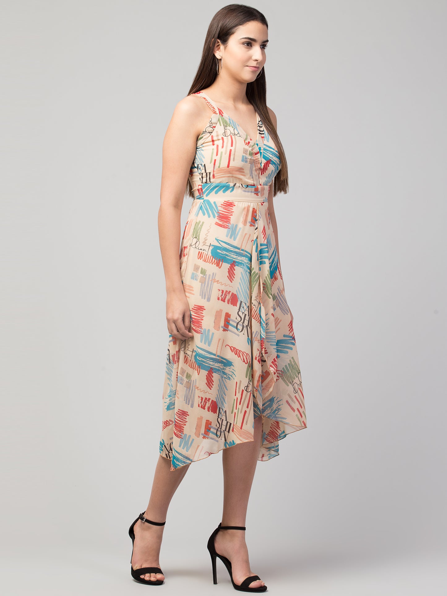 Beige Printed Georgette Asymmetric Dress With Lining