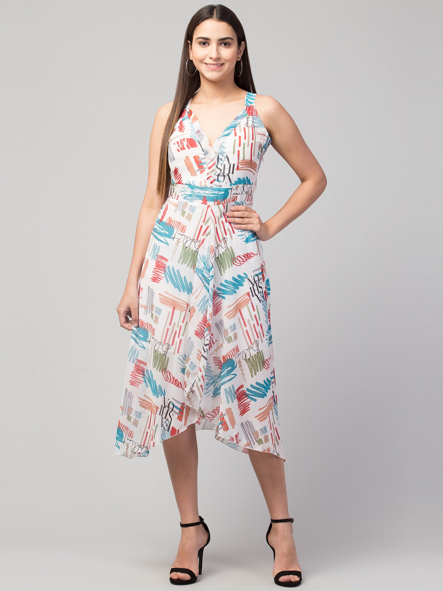 White Printed Georgette Asymmetric Dress With Lining