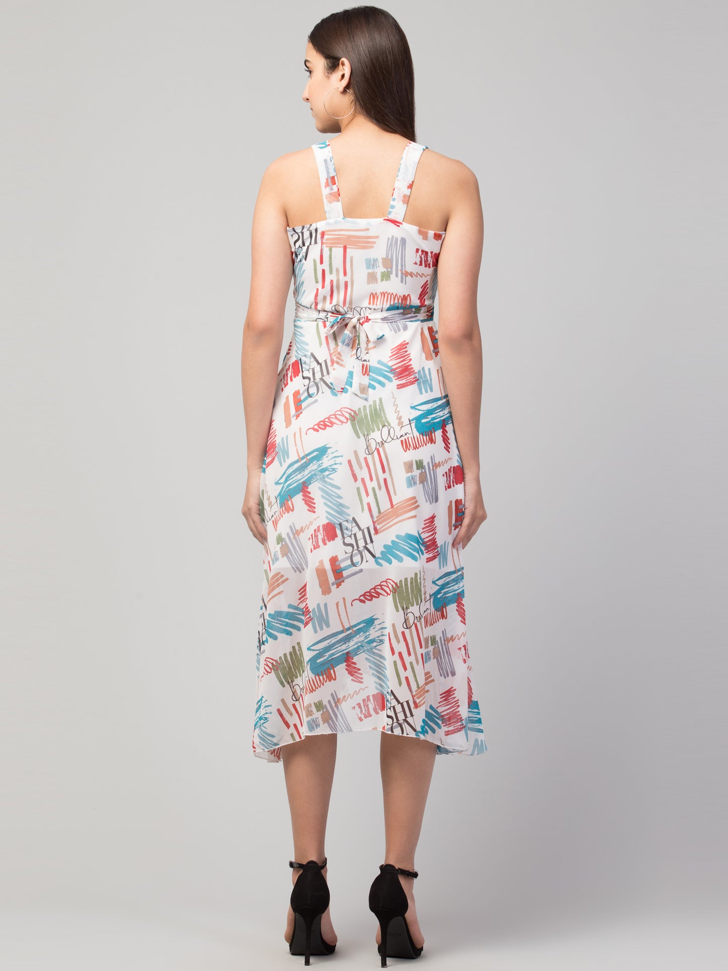 White Printed Georgette Asymmetric Dress With Lining