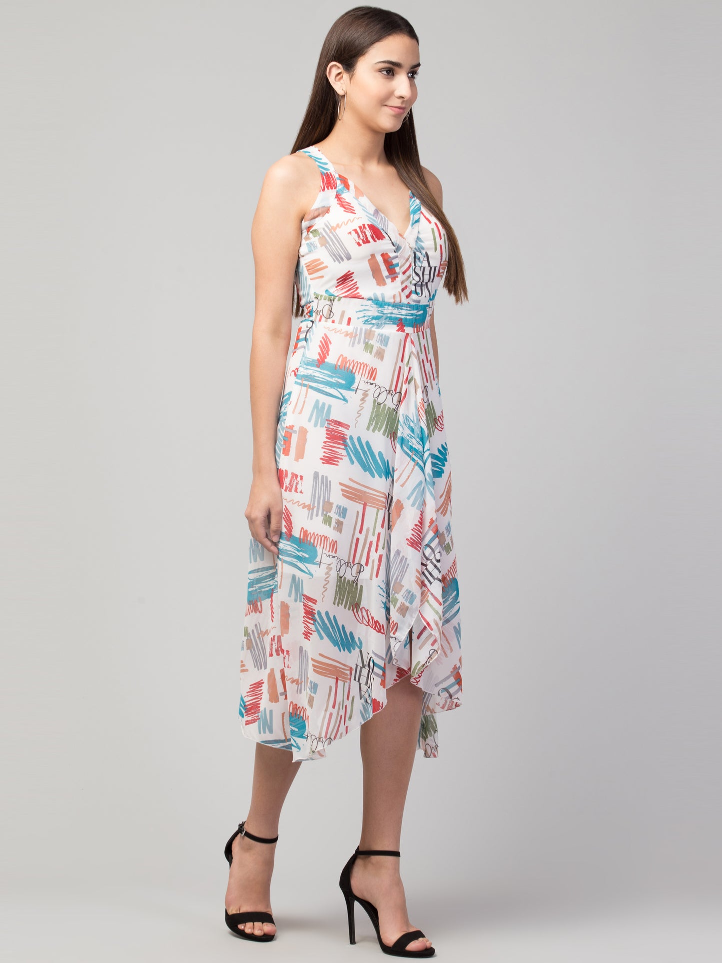 White Printed Georgette Asymmetric Dress With Lining