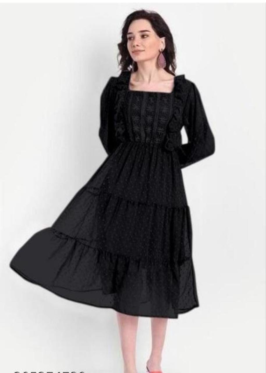 Black Georgette Dobby Middi Embroidered Dress