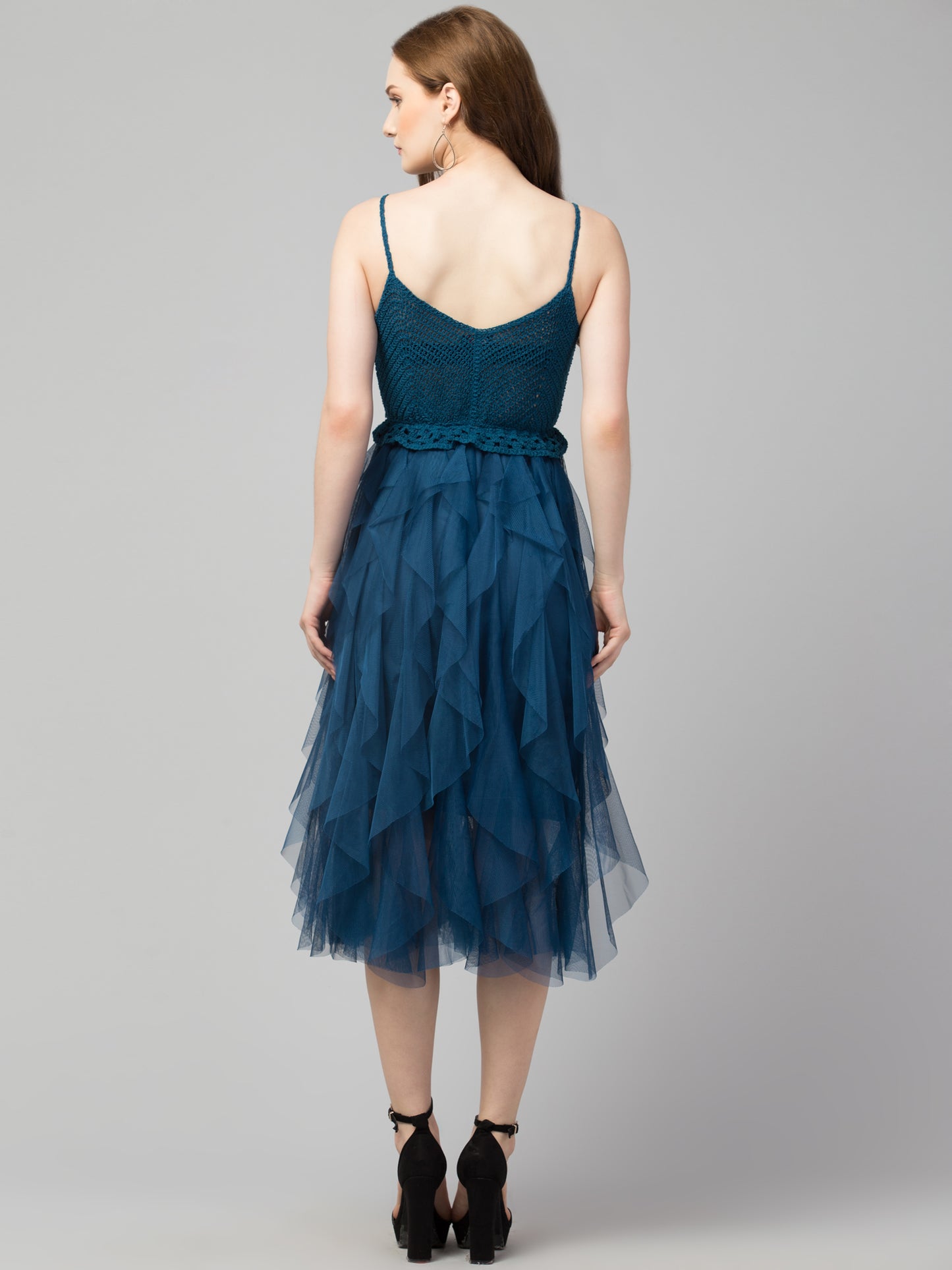 Blue A-Line Crosia and Net Party Wear Dress