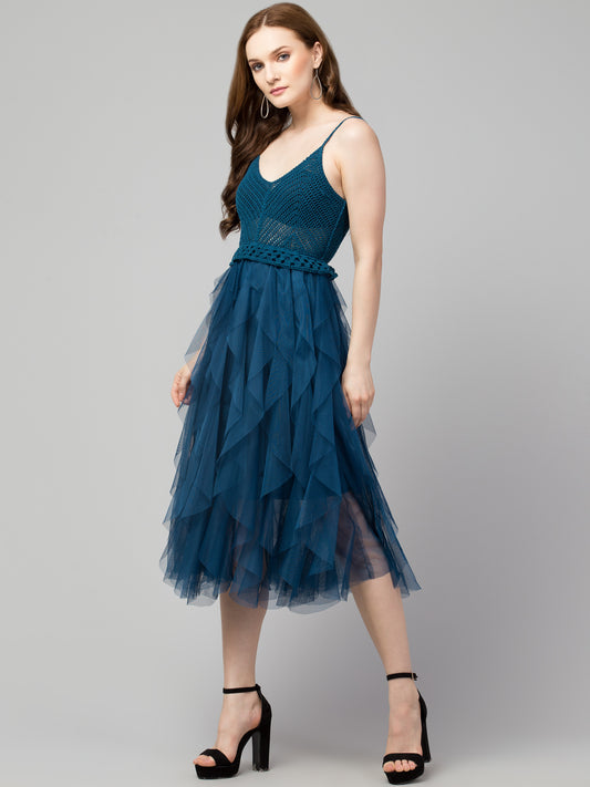 Blue A-Line Crosia and Net Party Wear Dress