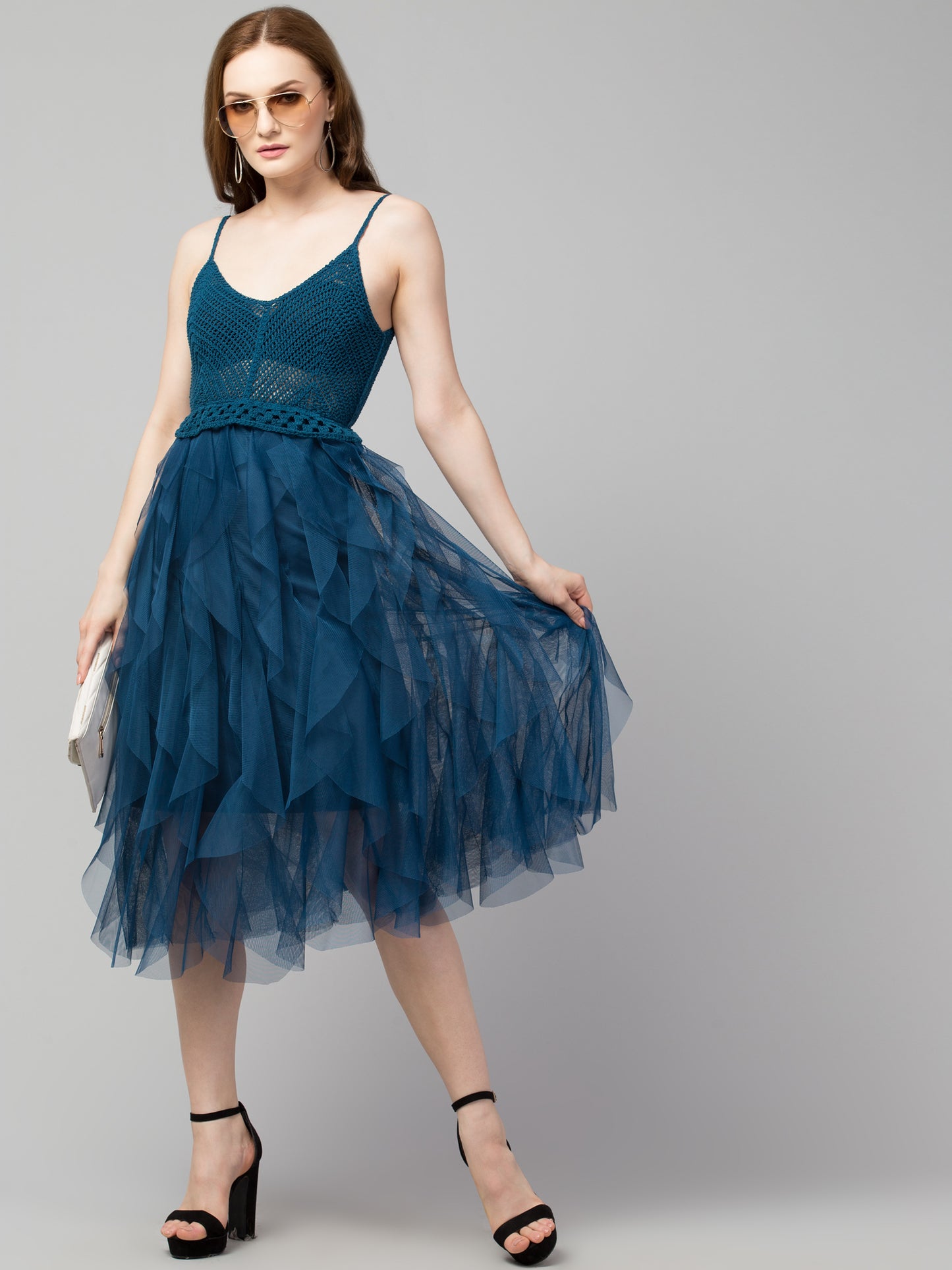 Blue A-Line Crosia and Net Party Wear Dress