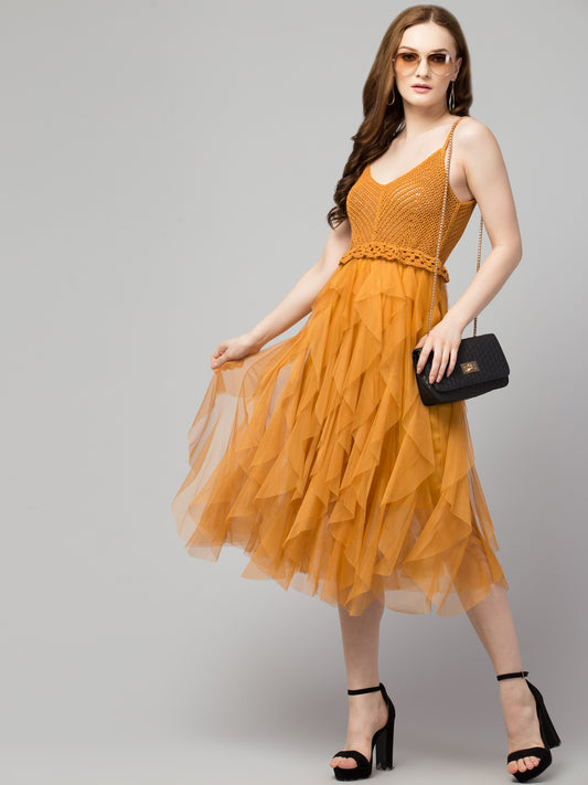 Mustard A-Line Crosia and Net Party Wear Dress