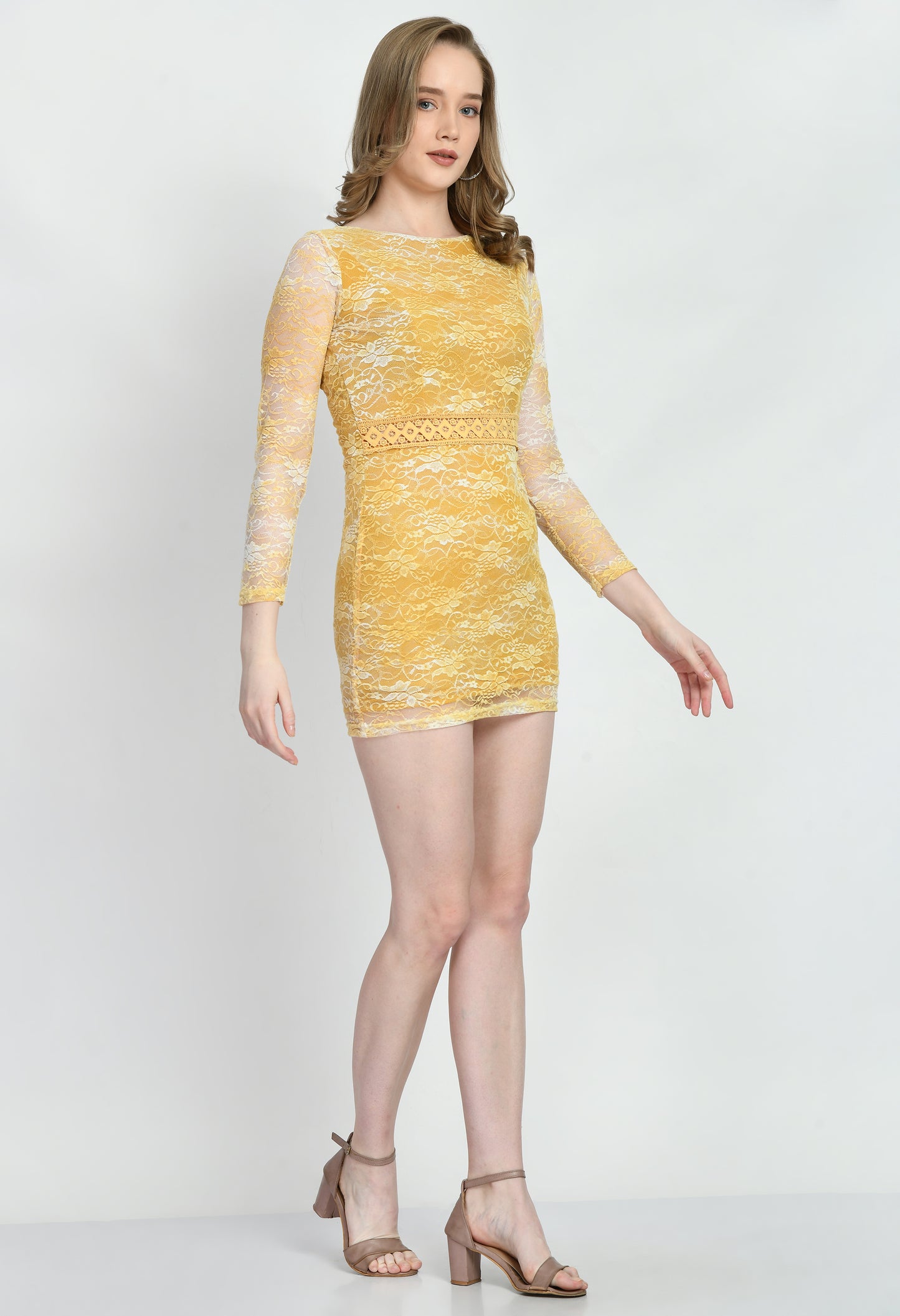 Yellow Lace Fabric Bodycone Dress