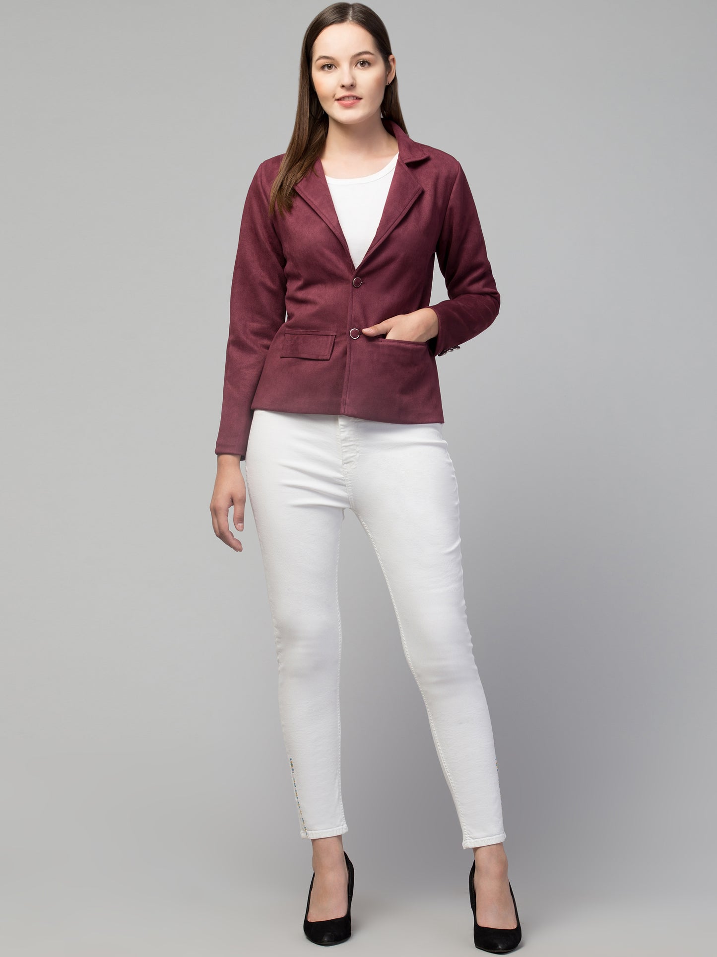 Wine Color Suede Fabric Girls Blazer