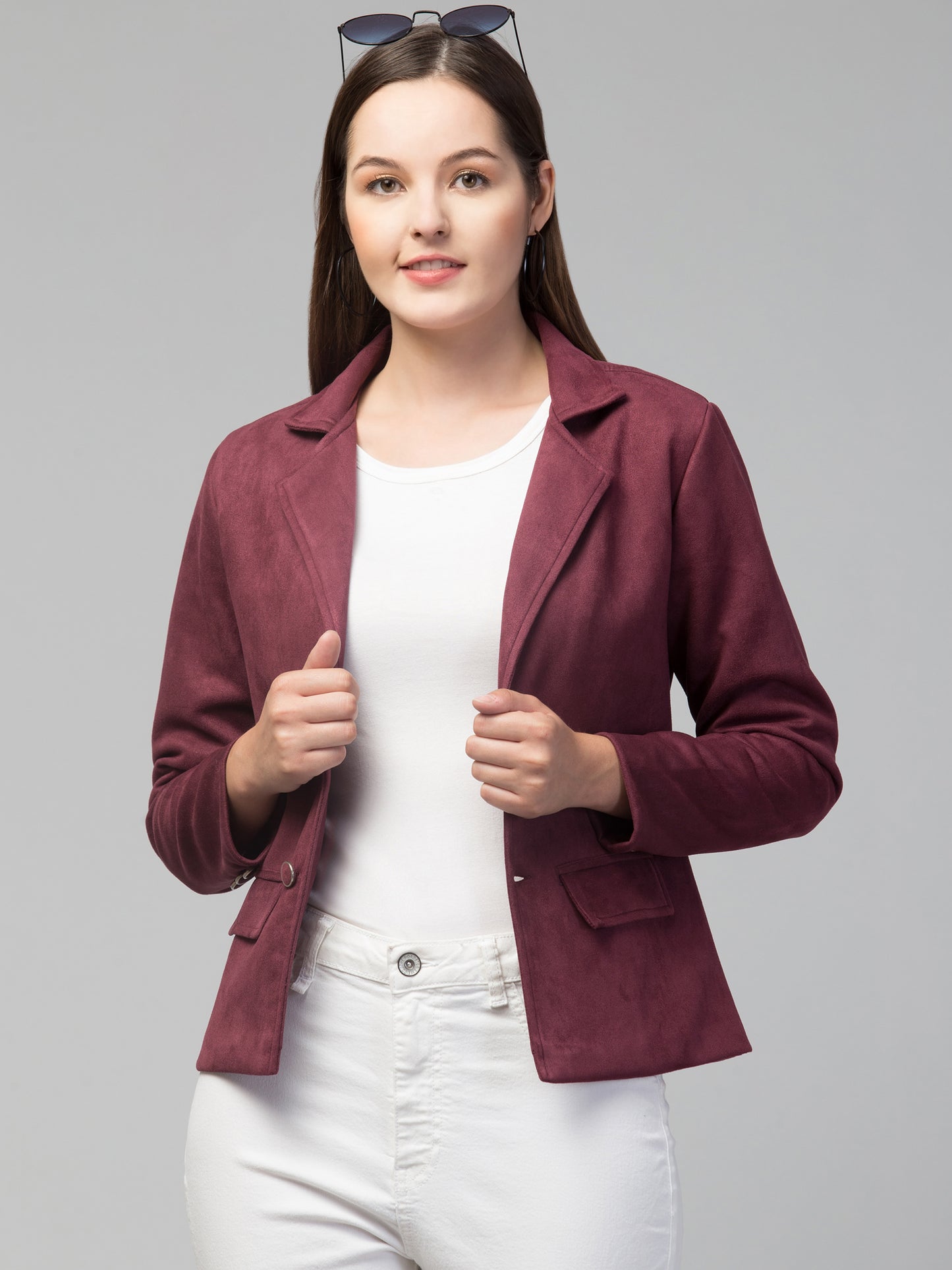 Wine Color Suede Fabric Girls Blazer