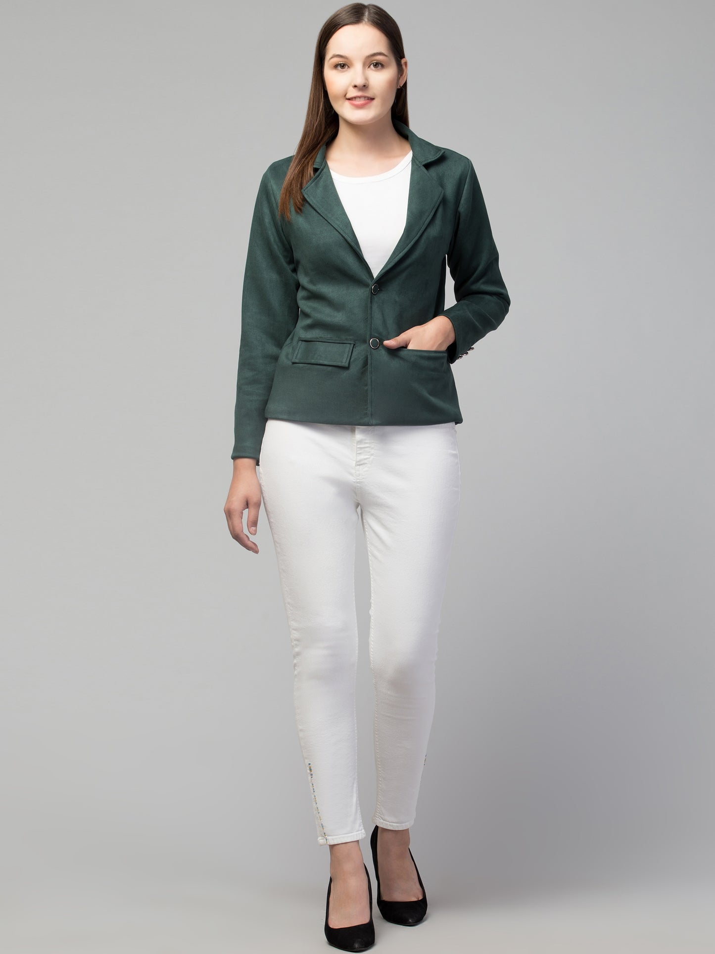 Bottle Green Color Suede Fabric Girls Blazer