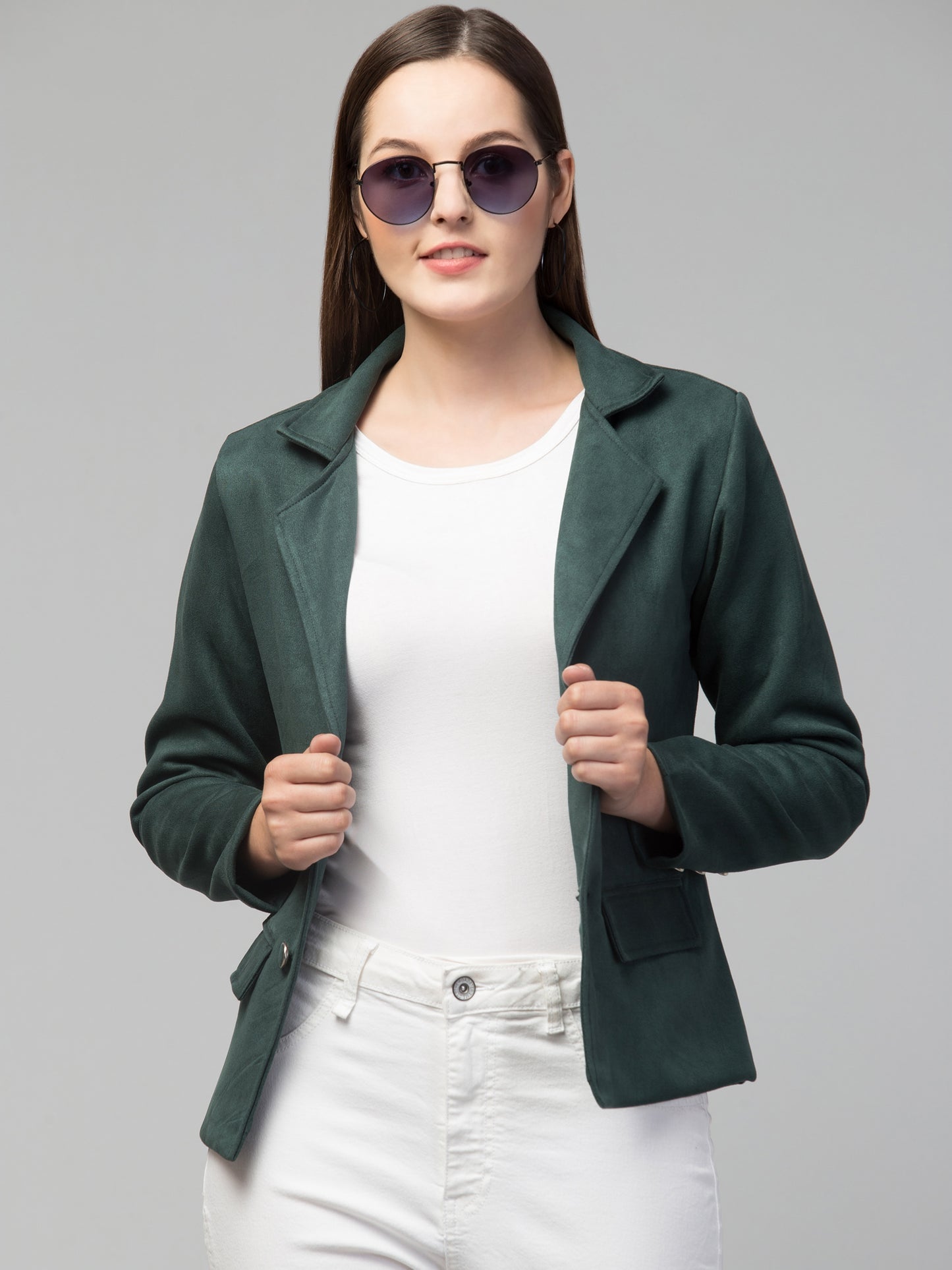 Bottle Green Color Suede Fabric Girls Blazer