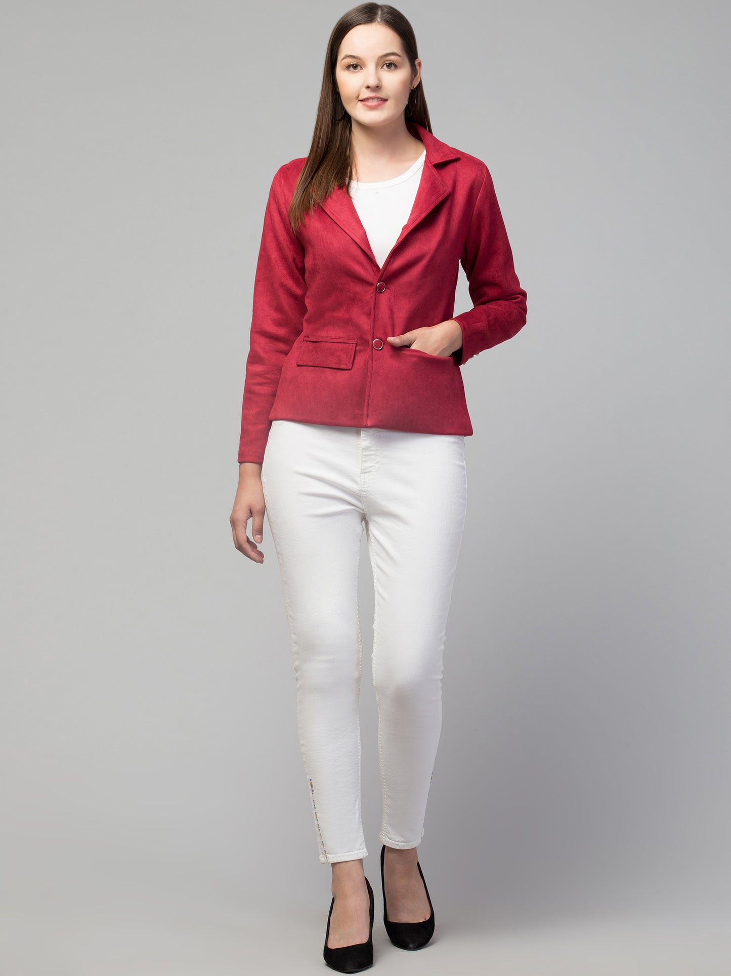 Red Color Suede Fabric Girls Blazer