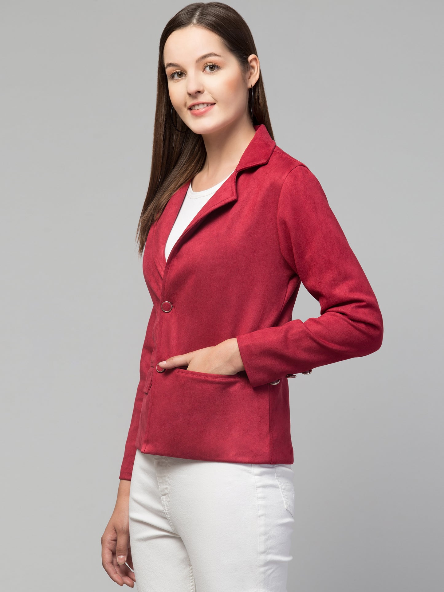 Red Color Suede Fabric Girls Blazer